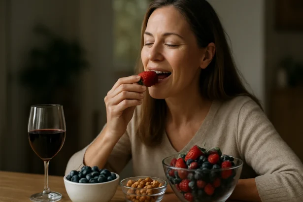 Žena vychutnáva čerstvé jahody a bobule s pohárom vína
