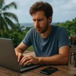 Muž pracuje na laptopu na terase s tropickou prírodou.