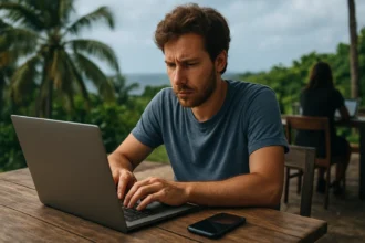 Muž pracuje na laptopu na terase s tropickou prírodou.