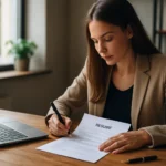 Žena píše životopis pri počítači na drevenom stole.