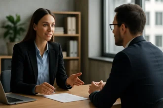 Žena vedie pracovný pohovor s mužom v kancelárii.