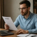 Muž prezerajúci životopis pri počítači počas hľadania práce.