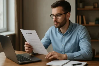 Muž prezerajúci životopis pri počítači počas hľadania práce.