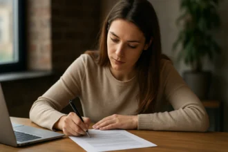 Žena písanie motivačného listu pri počítači.