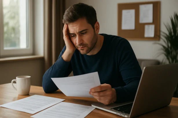 Mladý muž hľadá zamestnanie, prezerá si životopis a píše aplikácie.