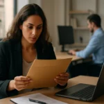 Žena skúma pracovnú ponuku vo firemnom prostredí