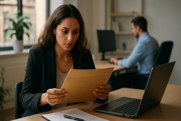 Žena skúma pracovnú ponuku vo firemnom prostredí