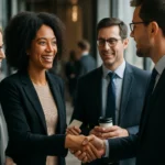 Štyria profesionáli diskutujú, usmievajú sa a vybudujú obchodné kontakty.