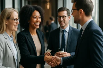 Štyria profesionáli diskutujú, usmievajú sa a vybudujú obchodné kontakty.