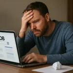 Muž frustrovaný pri hľadaní online zamestnania.