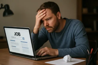 Muž frustrovaný pri hľadaní online zamestnania.