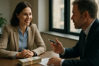 Žena vyjednáva o plate so svojím zamestnávateľom pri stole.