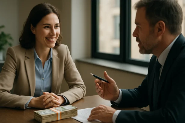 Žena vyjednáva o plate so svojím zamestnávateľom pri stole.