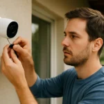 Muž inštaluje IP kameru pre zvýšenie bezpečnosti doma.