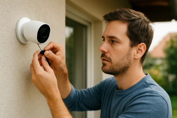 Muž inštaluje IP kameru pre zvýšenie bezpečnosti doma.