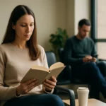 Žena číta knihu počas čakania na výsledky pohovoru