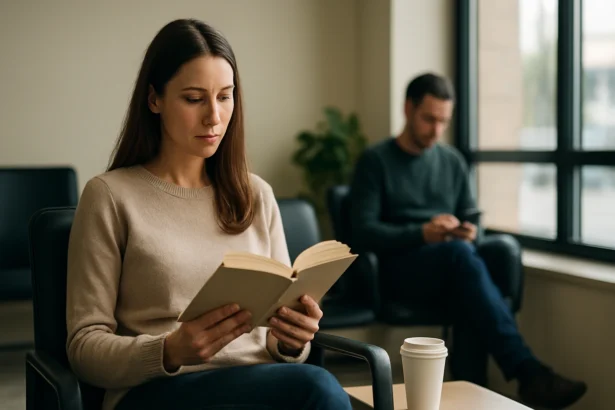 Žena číta knihu počas čakania na výsledky pohovoru