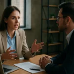 Žena vyjednáva o plate s mužom v kancelárii, chystajú sa na diskusiu.