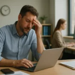 Muž so stresom nad prácou pri počítači v kancelárii