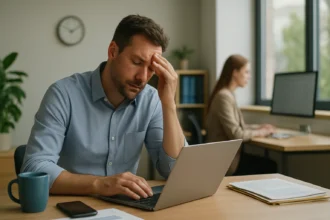 Muž so stresom nad prácou pri počítači v kancelárii