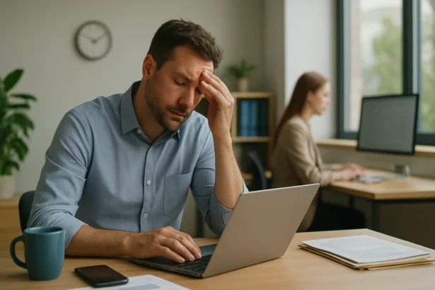 Muž so stresom nad prácou pri počítači v kancelárii