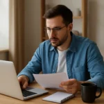 Muž pracuje z domu pri počítači a číta dokumenty.