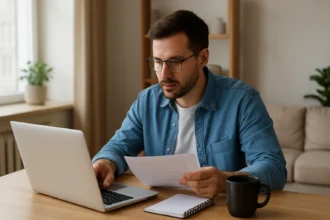 Muž pracuje z domu pri počítači a číta dokumenty.