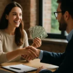 Zamestnankyňa dostáva finančný príspevok a podáva ruku zamestnávateľovi.