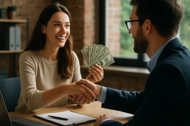 Zamestnankyňa dostáva finančný príspevok a podáva ruku zamestnávateľovi.