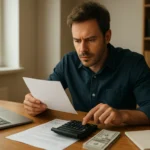 Muž počítajúci svoj hodinový zárobok s kalkulačkou a peniazmi