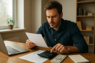 Muž počítajúci svoj hodinový zárobok s kalkulačkou a peniazmi