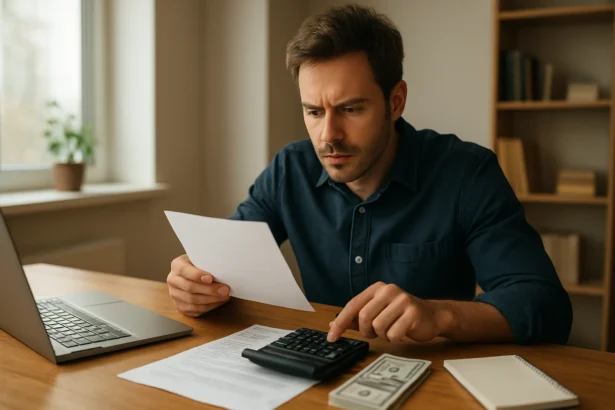 Muž počítajúci svoj hodinový zárobok s kalkulačkou a peniazmi