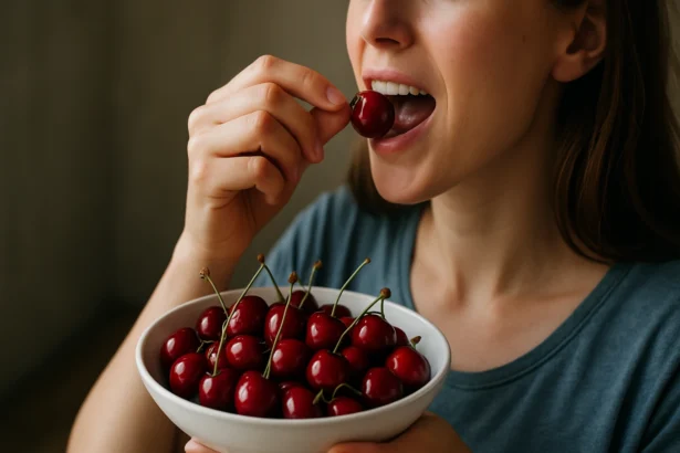 Žena jesť čerešne z misky plnej šťavnatých plodov.