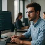 Mladý IT profesionál pracuje na počítači v kancelárii