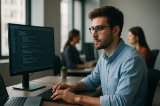 Mladý IT profesionál pracuje na počítači v kancelárii