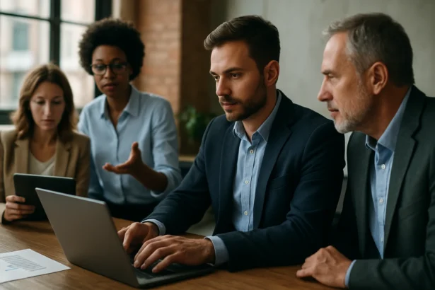 Skupina zamestnancov diskutuje o zručnostiach potrebných do roku 2025.