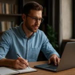 Muž pracuje na laptopu a zapisuje si poznámky do notísku.