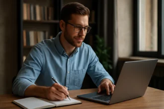 Muž pracuje na laptopu a zapisuje si poznámky do notísku.