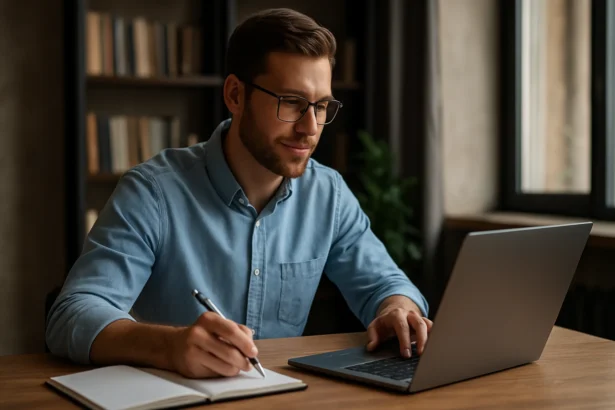Muž pracuje na laptopu a zapisuje si poznámky do notísku.