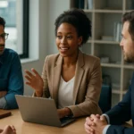 Žena hovorí na pracovnej porade so skupinou kolegov.