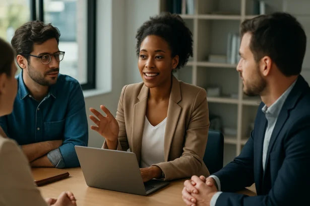 Žena hovorí na pracovnej porade so skupinou kolegov.