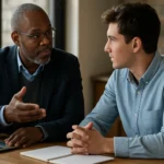 Mentoring session between two professionals discussing personal growth.
