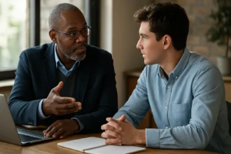 Mentoring session between two professionals discussing personal growth.