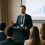 Prednášajúci na odbornej konferencii zdieľa svoje poznatky.