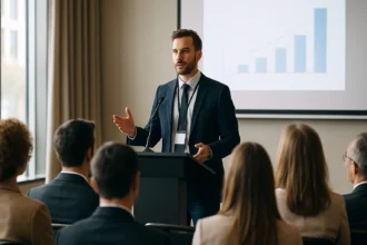 Prednášajúci na odbornej konferencii zdieľa svoje poznatky.