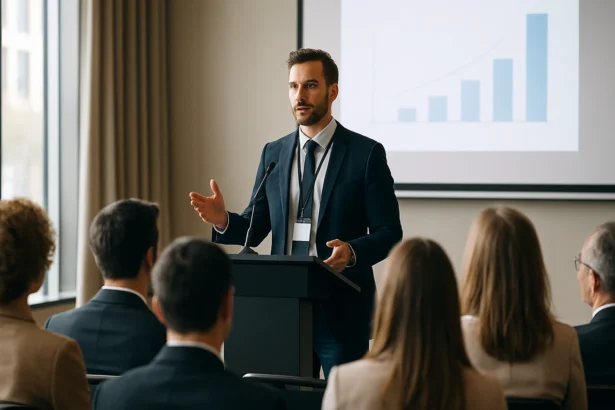 Prednášajúci na odbornej konferencii zdieľa svoje poznatky.