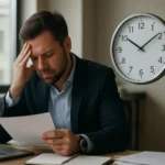 Zaneprázdnený profesionál čelí časovému stresu v kancelárii.