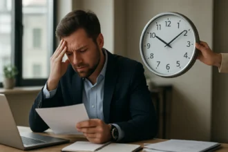 Zaneprázdnený profesionál čelí časovému stresu v kancelárii.