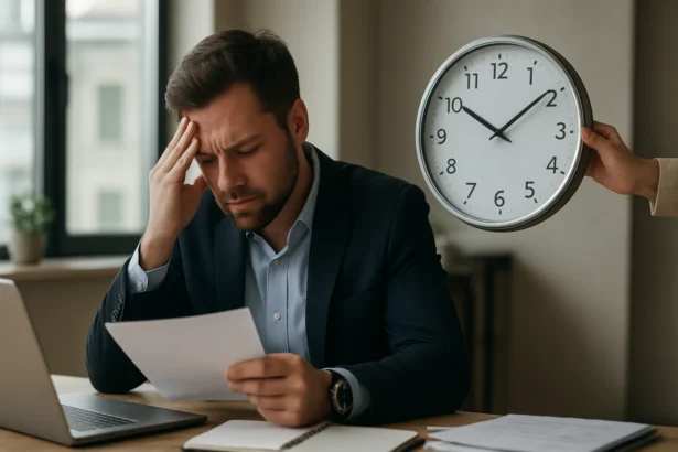 Zaneprázdnený profesionál čelí časovému stresu v kancelárii.