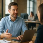 Muž diskutuje s kolegyňou v kancelárii, povzbudzujúca atmosféra.